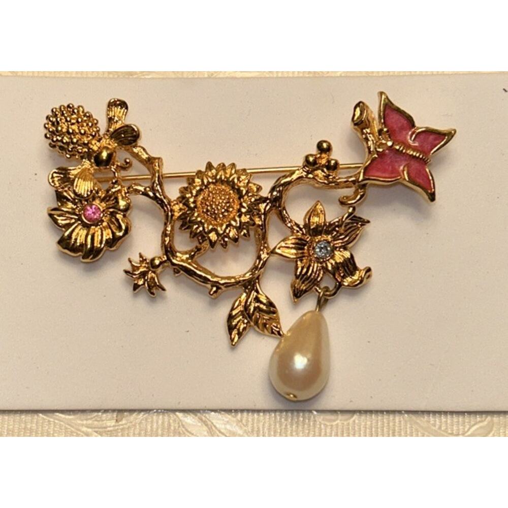 Vtg Avon Goldtone "Spring Garden" Brooch Bee And Butterfly Flowers EUC